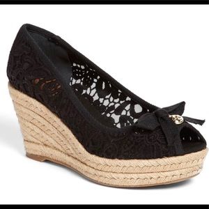 Tory Burch Jackie Black Lace Wedge Espadrilles 9